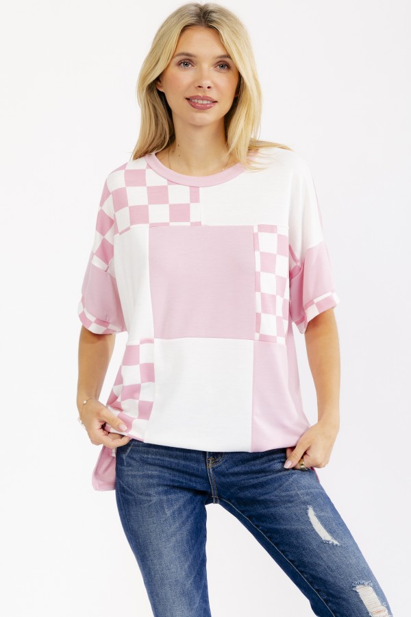 T6372 / 7th Ray<br/>CHECKERED PATCHWORK SHORT SLEEVE TOP