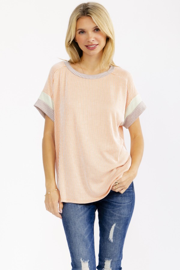 T6374 / 7th Ray<br/>RIB COLOR BLOCK SHORT SLEEVE TOP