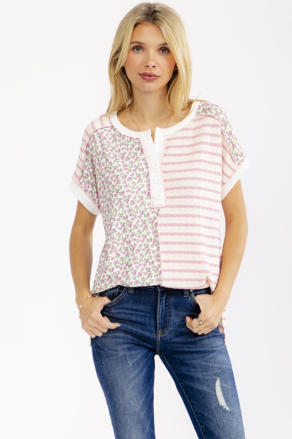T6377 / 7th Ray<br/>FLORAL STRIPE MIXED PRINT HENLEY TOP