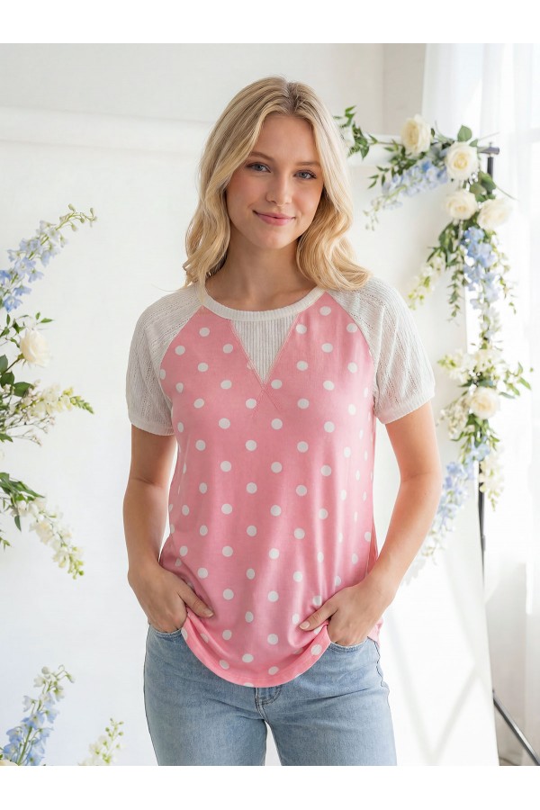T6389 / 7th Ray<br/>POLKA DOT LACE RAGLAN SLEEVE TOP