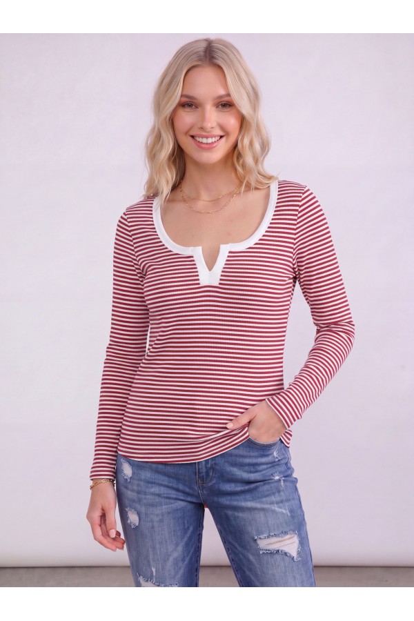 T6390 / 7th Ray<br/>STRIPE SPLIT NECK LONG SLEEVE TOP