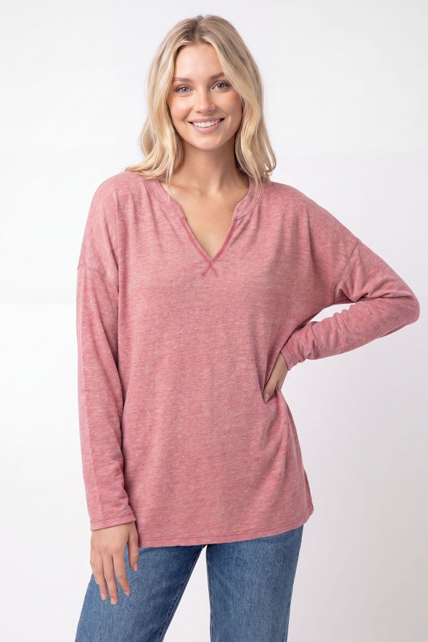 T6391 / 7th Ray<br/>BRUSHED KNIT SPLIT NECK OVERSIZED LONG SLEEVE TOP