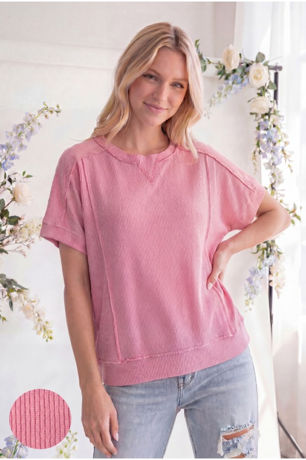 T6398 / 7th Ray<br/>SOLID RIB KNIT STITCH DETAIL SHORT SLEEVE TOP