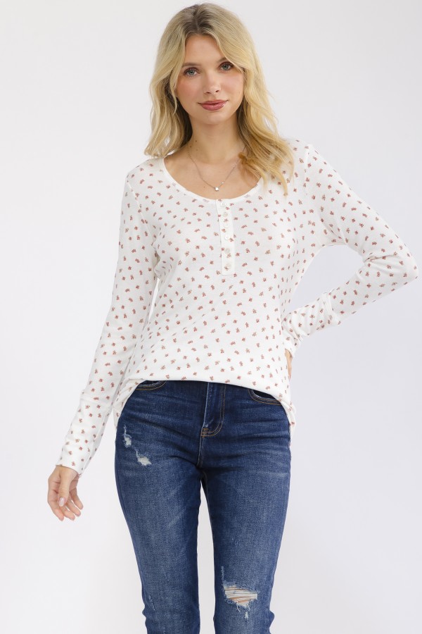T6409 / 7th Ray<br/>FLORAL PRINT KNIT HENLEY TOP