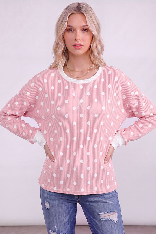 T6414 / 7th Ray<br/>POLKA DOT CONTRAST LONG SLEEVE TOP