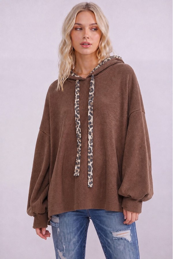 T6420 / 7th Ray<br/>LEOPARD TRIM RIB KNIT HOODIE