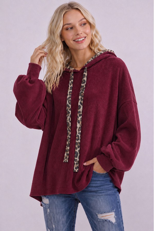 T6420XL / 7th Ray<br/>PLUS LEOPARD TRIM RIB KNIT HOODIE