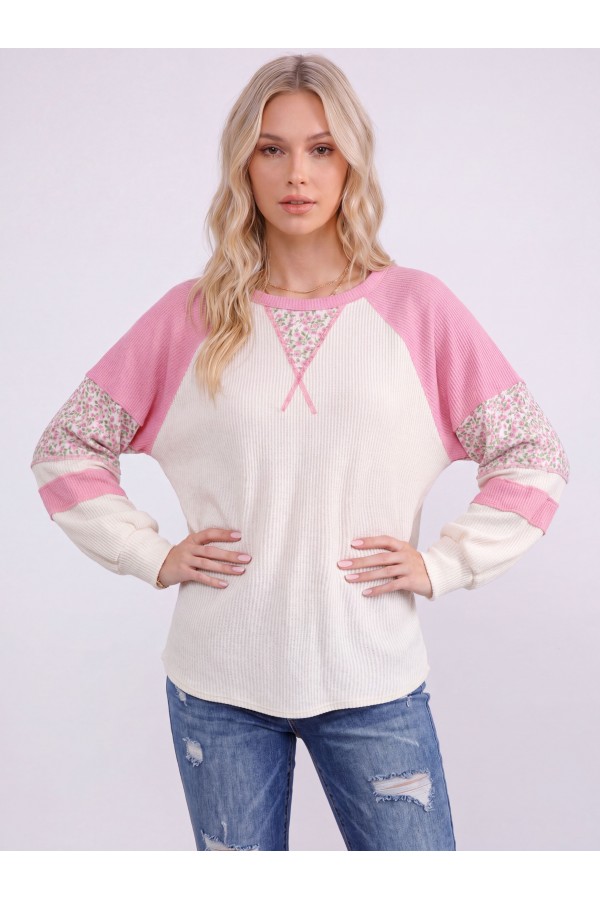 T6424 / 7th Ray<br/>FLORAL CONTRAST RIB KNIT RAGLAN PULLOVER
