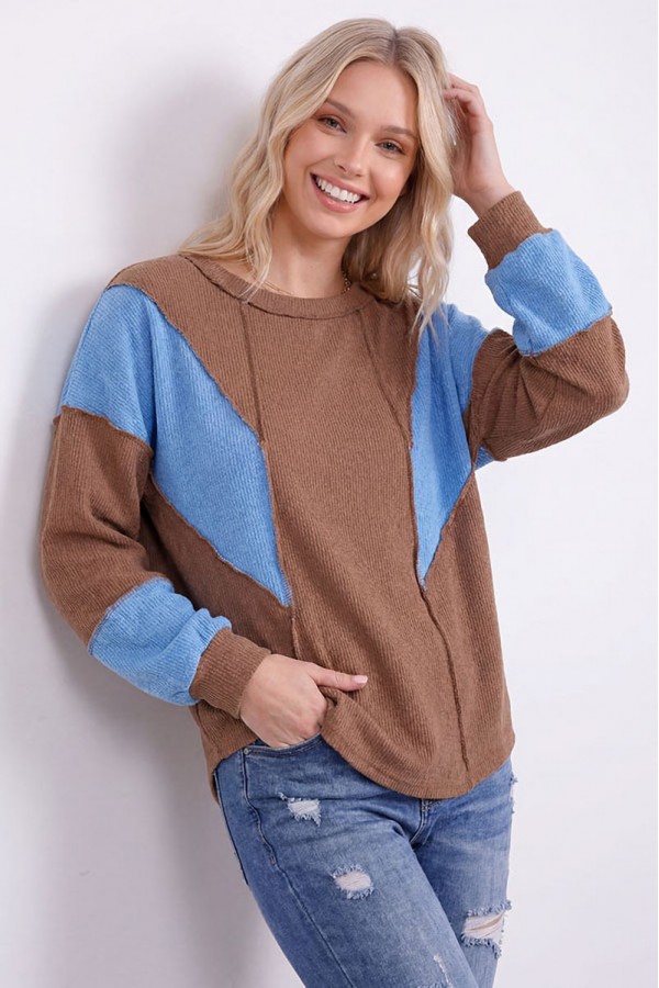 T6427XL / 7th Ray<br/>PLUS COLOR BLOCK RIB KNIT PULLOVER TOP