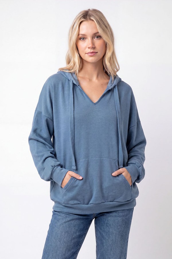 T6431 / 7th Ray<br/>SOLID KNIT SPLIT NECKLINE HOODIE