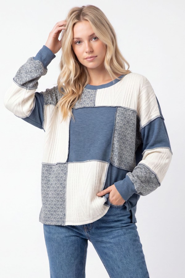 T6433 / 7th Ray<br/>MIXED MEDIA PATCHWORK PULLOVER TOP