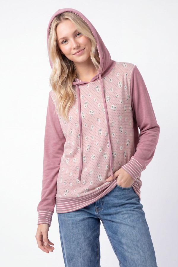 T6435 / 7th Ray<br/>FLORAL PRINT CONTRAST HOODIE