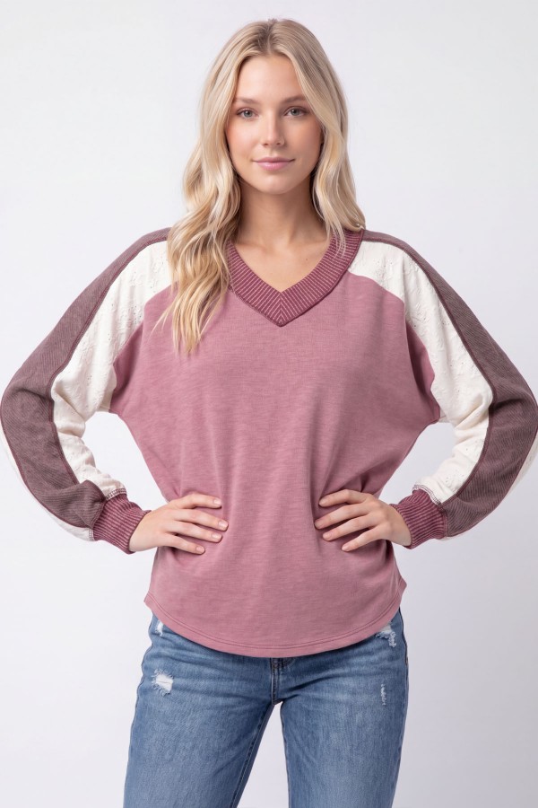 T6436 / 7th Ray<br/>COLOR BLOCK TEXTURED DOLMAN TOP