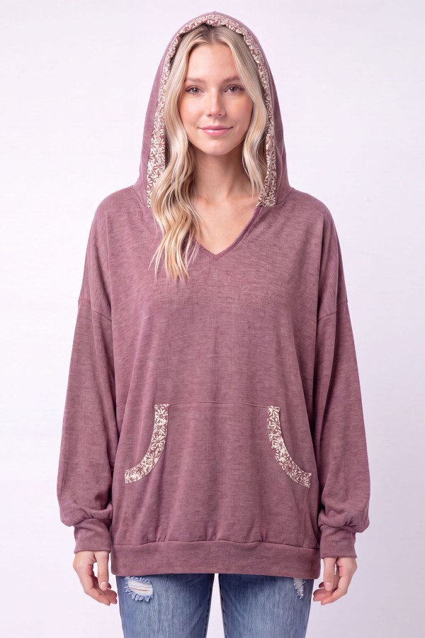 T6439 / 7th Ray<br/>FLORAL TRIM OVERSIZED HOODIE