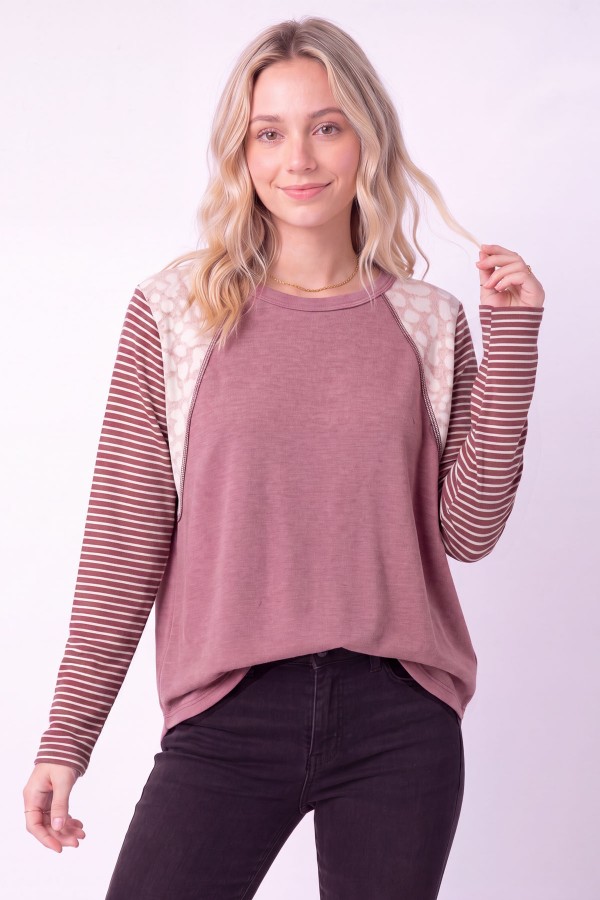 T6443 / 7th Ray<br/>ANIMAL PRINT & STRIPE CONTRAST LONG SLEEVE TOP