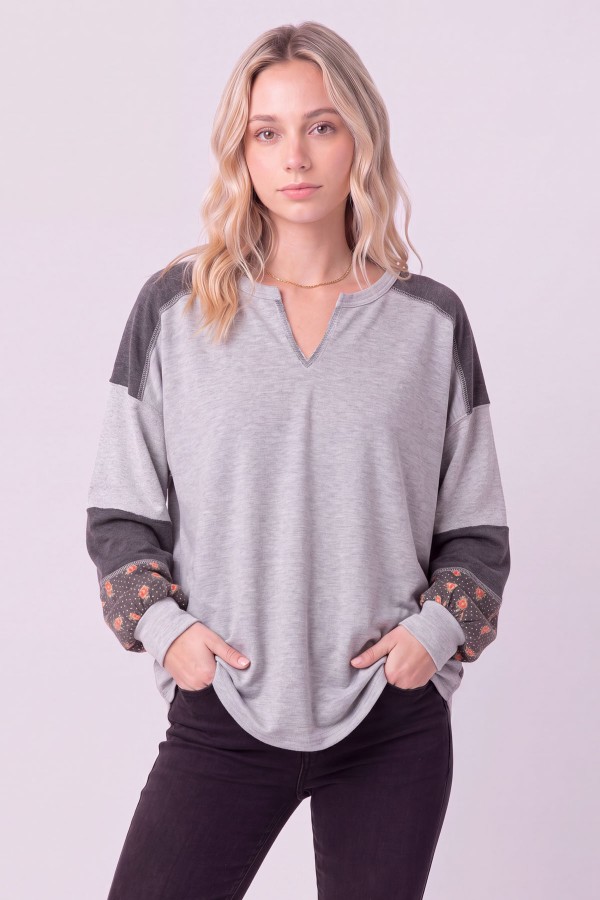 T6445 / 7th Ray<br/>COLOR BLOCK SPLIT NECK PULLOVER TOP
