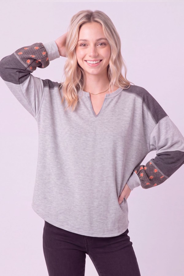 T6445XL / 7th Ray<br/>COLOR BLOCK SPLIT NECK PULLOVER TOP