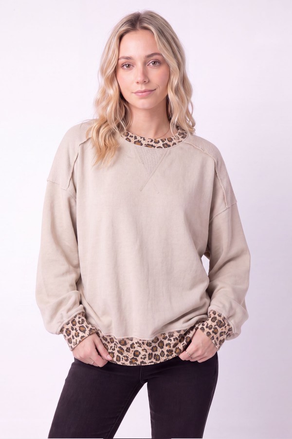 T6449 / 7th Ray<br/>LEOPARD CONTRAST TRIM FRENCH TERRY PULLOVER