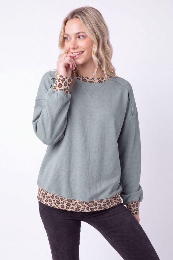 T6449XL / 7th Ray<br/>PLUS LEOPARD CONTRAST TRIM FRENCH TERRY PULLOVER