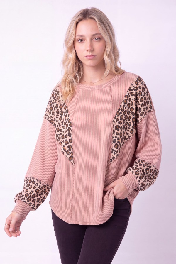 T6451 / 7th Ray<br/>LEOPARD CONTRAST RIB KNIT PULLOVER