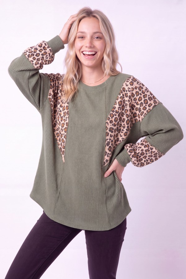 T6451XL / 7th Ray<br/>PLUS LEOPARD CONTRAST RIB KNIT PULLOVER