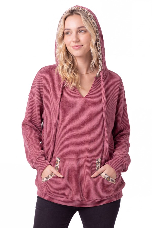 T6454 / 7th Ray<br/>RIB KNIT HOODIE WITH LEOPARD CONTRAST