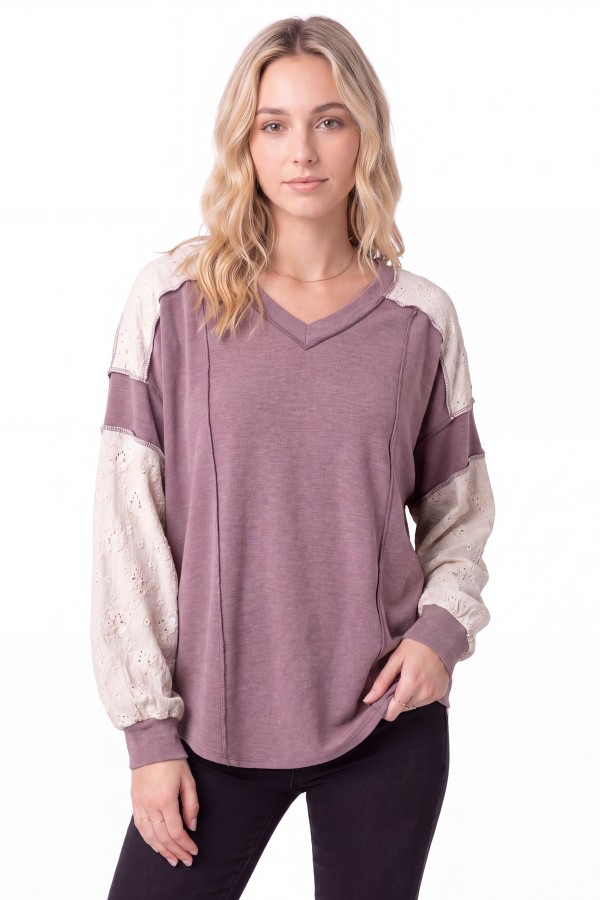 T6455 / 7th Ray<br/>LACE CONTRAST COLOR BLOCK LONG SLEEVE TOP