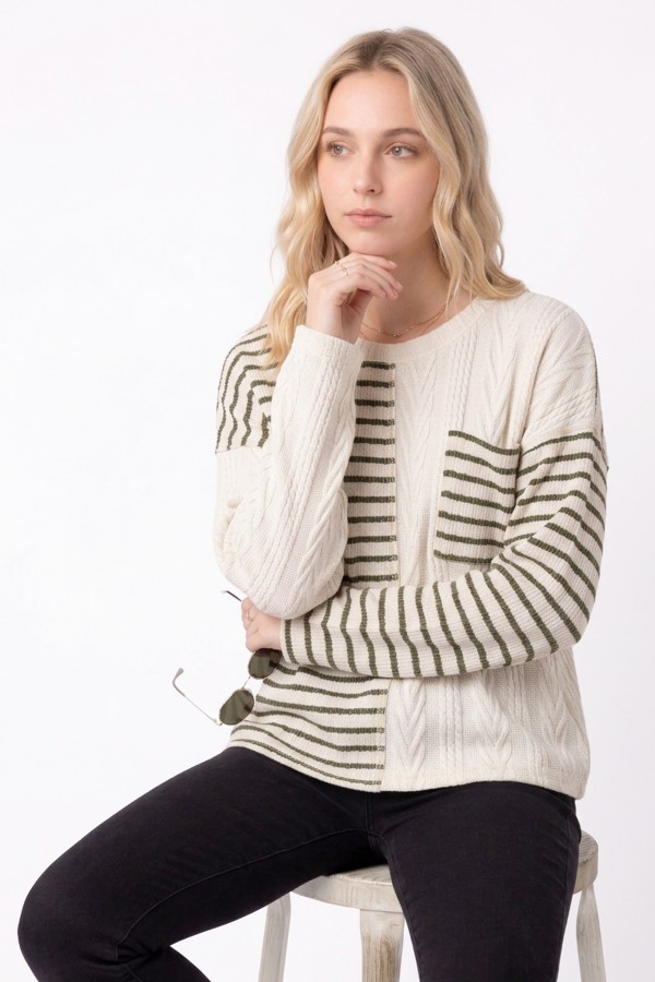T6456 / 7th Ray<br/>MIXED STRIPE CABLE KNIT SWEATER