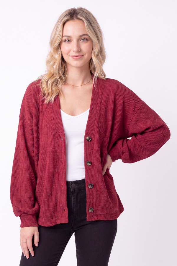 T6458 / 7th Ray<br/>RIB KNIT BUTTON FRONT CARDIGAN