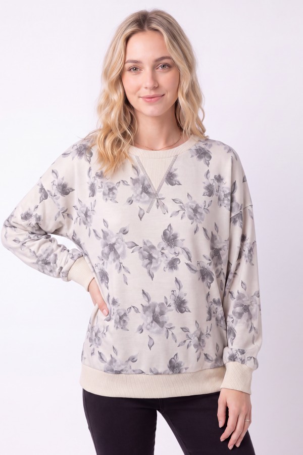 T6459 / 7th Ray<br/>FLORAL FRENCH TERRY PULLOVER