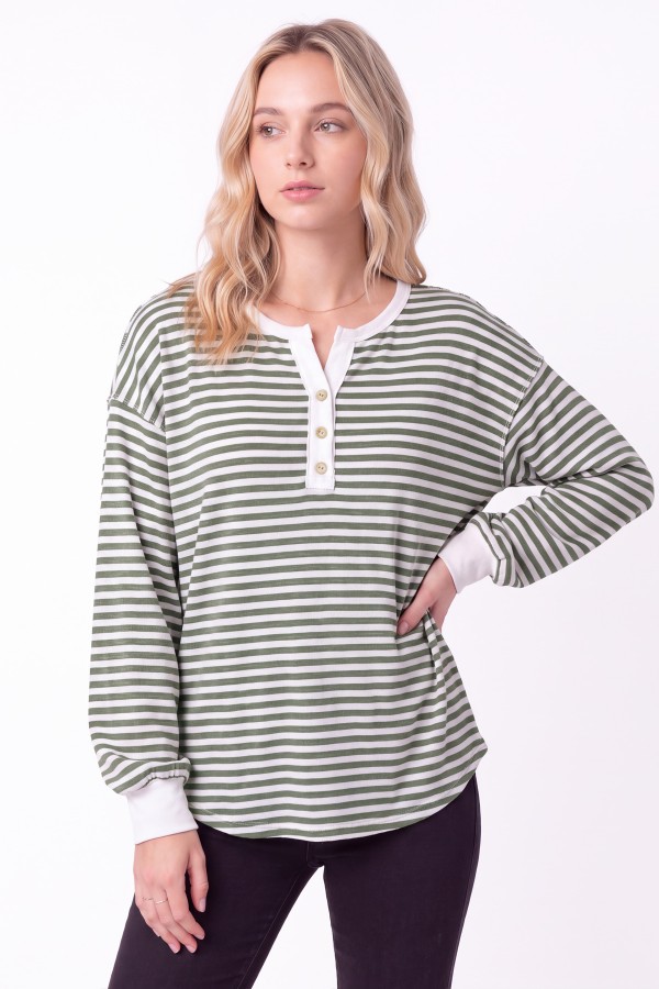T6460 / 7th Ray<br/>STRIPED LONG SLEEVE HENLEY TOP
