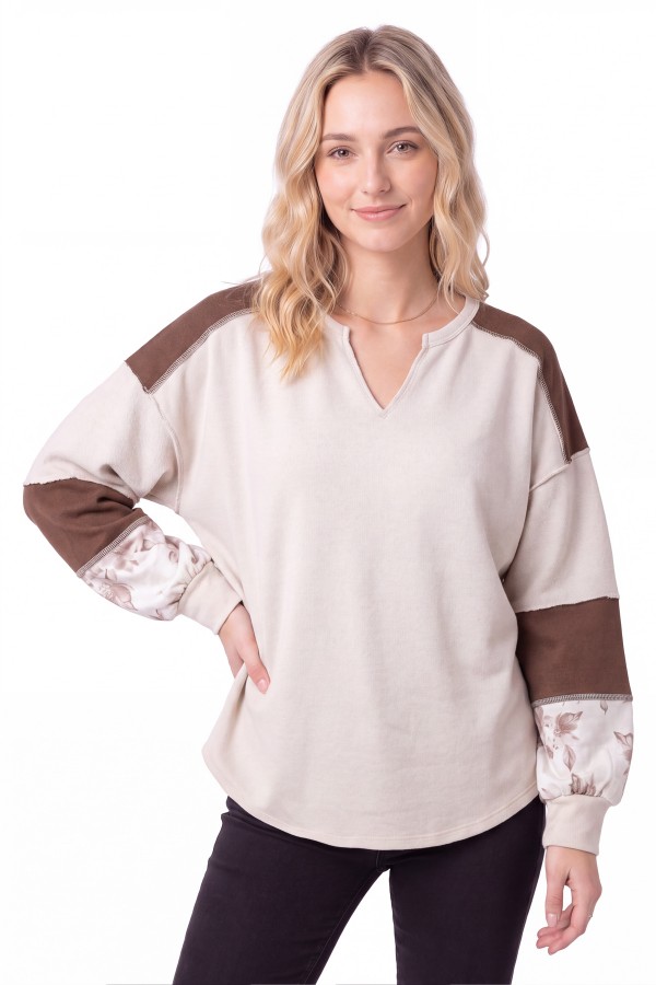 T6461 / 7th Ray<br/>COLOR BLOCK FLORAL CONTRAST LONG SLEEVE TOP