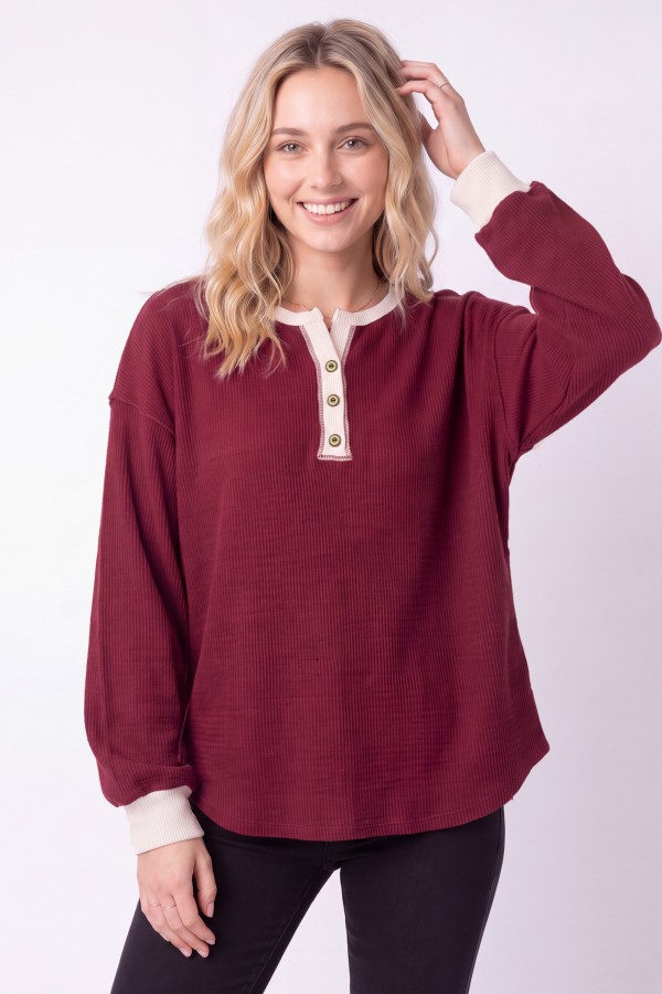 T6462 / 7th Ray<br/>RIB KNIT CONTRAST HENLEY TOP