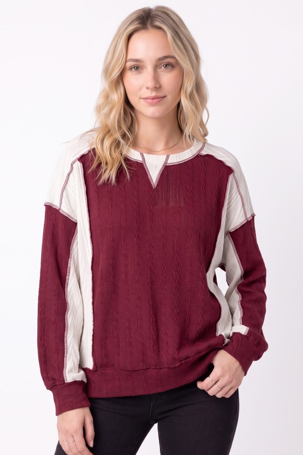 T6476 / 7th Ray<br/>COLOR BLOCK TEXTURED KNIT CONTRAST TOP