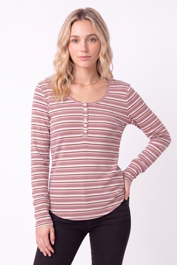 T6478 / 7th Ray<br/>STRIPED HENLEY LONG SLEEVE TOP
