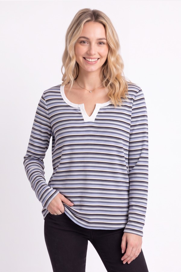 T6479 / 7th Ray<br/>STRIPED CONTRAST V-NECK LONG SLEEVE TOP