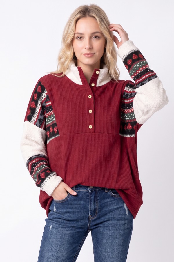 T6481 / 7th Ray<br/>RIB KNIT BUTTON-DOWN MIXED MEDIA SWEATER