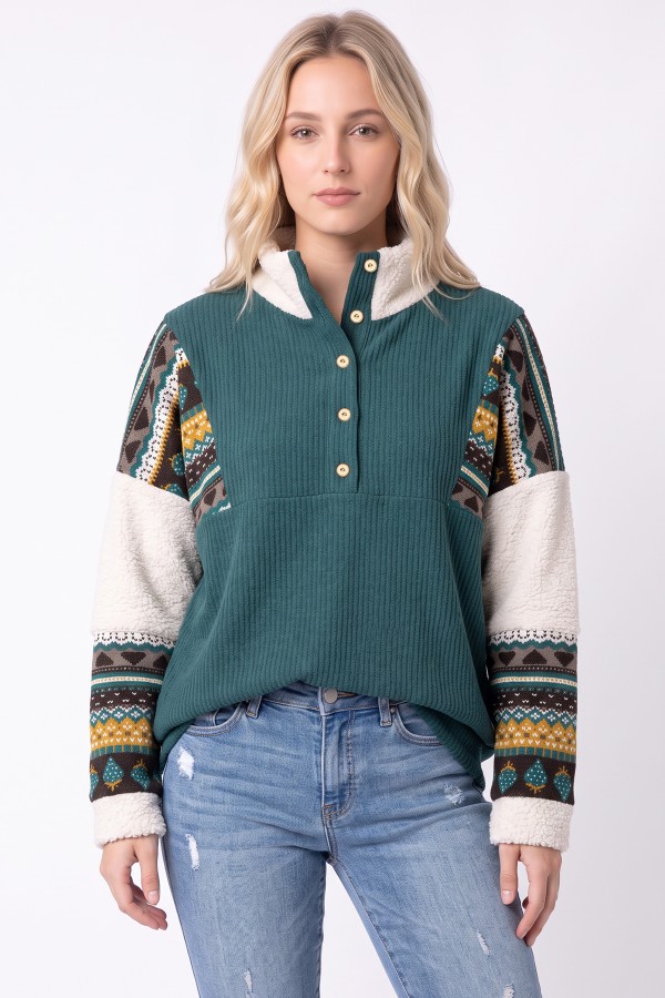 T6481XL / 7th Ray<br/>PLUS RIB KNIT BUTTON-DOWN MIXED MEDIA TOP