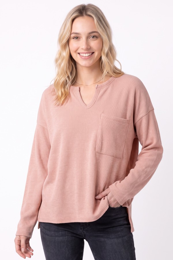 T6484 / 7th Ray<br/>SOLID RIB KNIT POCKET TOP
