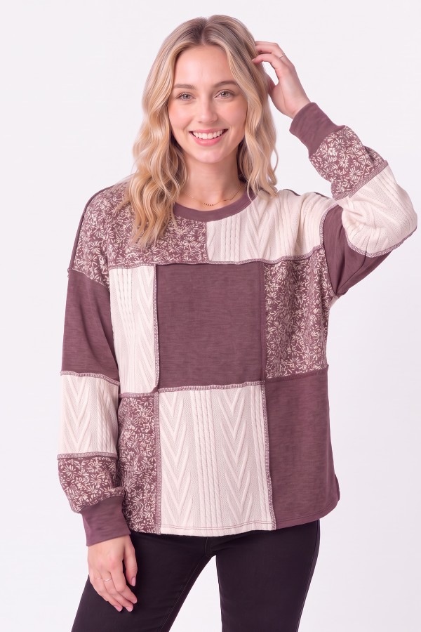 T6485 / 7th Ray<br/>PATCHWORK COLOR BLOCK KNIT TOP