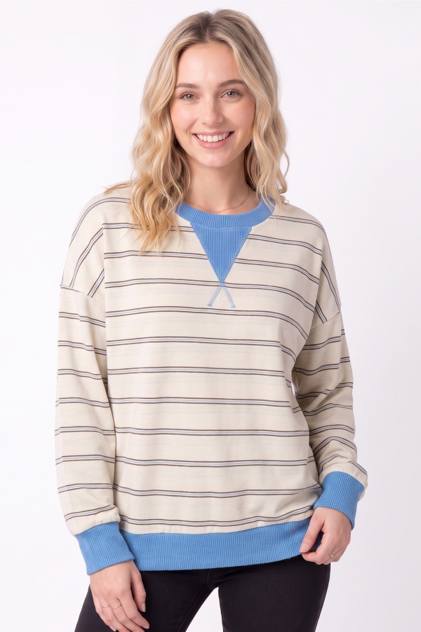 T6486 / 7th Ray<br/>STRIPE CONTRAST CREW NECK SWEATSHIRT