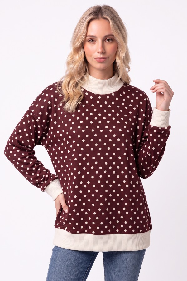 T6488 / 7th Ray<br/>POLKA DOT RIBBED CONTRAST PULLOVER TOP
