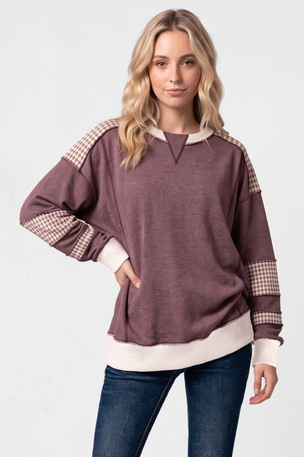 T6490 / 7th Ray<br/>COLOR BLOCK HOUNDSTOOTH CONTRAST SWEATSHIRT