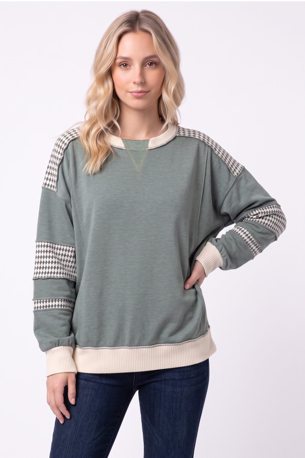 T6490XL / 7th Ray<br/>PLUS COLOR BLOCK HOUNDSTOOTH CONTRAST SWEATSHIRT