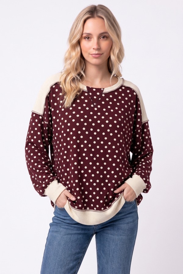 T6491 / 7th Ray<br/>POLKA DOT CONTRAST RIBBED SWEATSHIRT