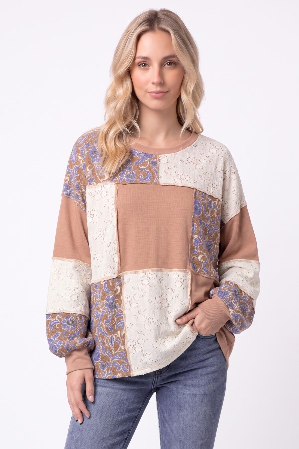 T6492 / 7th Ray<br/>PATCHWORK PAISLEY & LACE CONTRAST LONG SLEEVE TOP