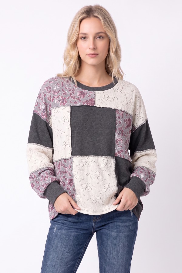 T6492XL / 7th Ray<br/>PLUS PATCHWORK PAISLEY & LACE CONTRAST LONG SLEEVE TOP