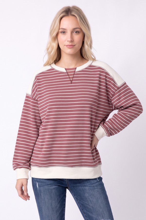 T6493 / 7th Ray<br/>STRIPED RIBBED CONTRAST PULLOVER TOP