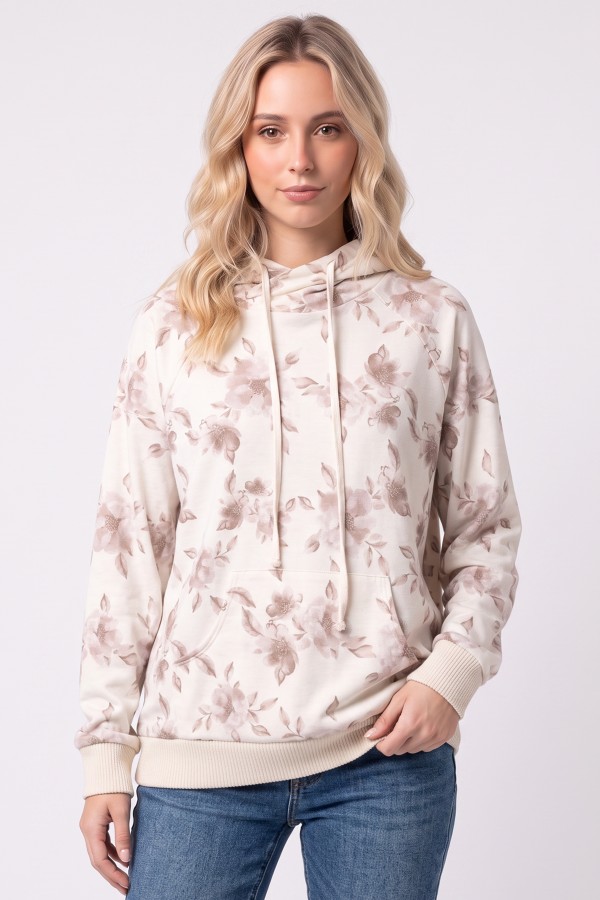 T6494 / 7th Ray<br/>FLORAL PRINT COWL NECK HOODED TOP