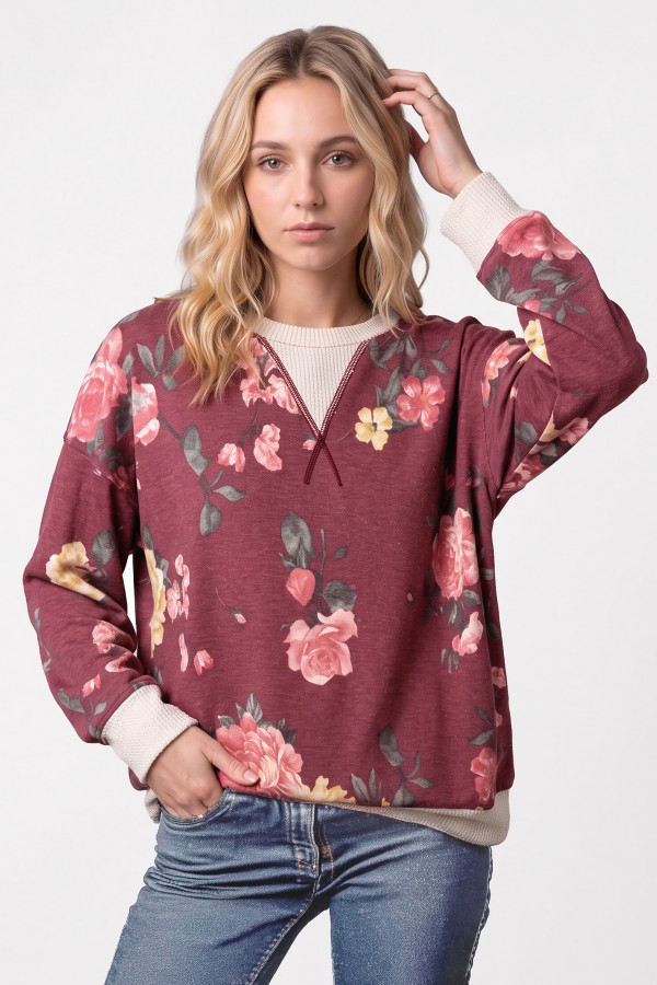 T6495 / 7th Ray<br/>FLORAL PRINT CONTRAST TRIM SWEATSHIRT